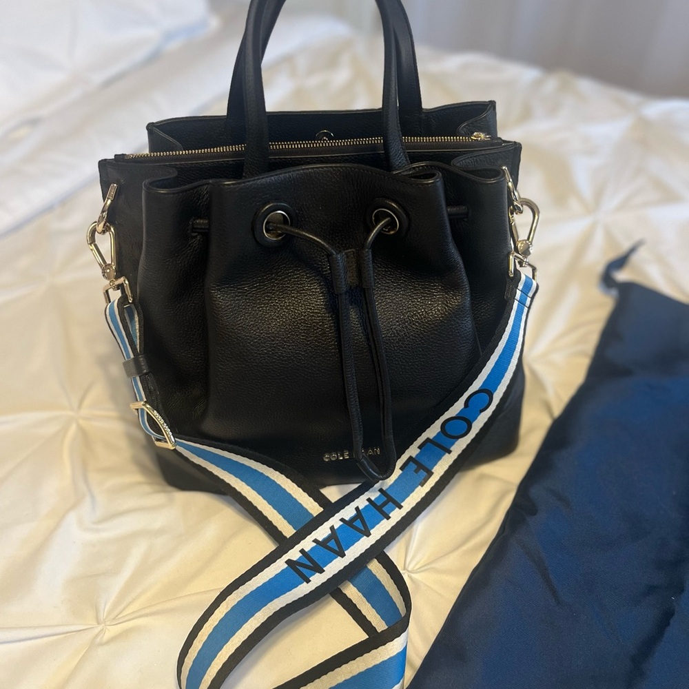 Cole Haan Black Pebble Leather Satchel with Blue Accent strap
